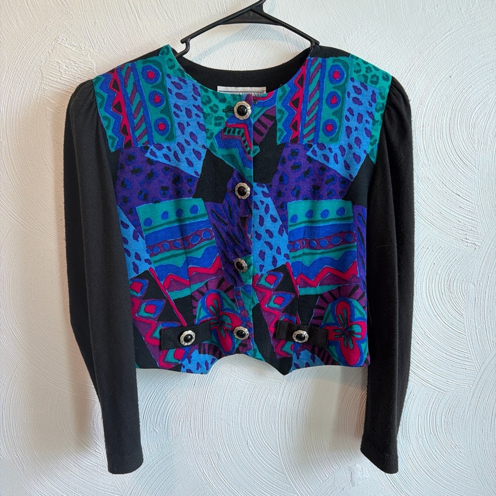 Jessica Howard Multicolor Geometric Print Cardigan with Black Trim